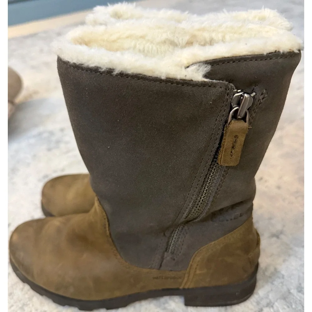 Sorel Phoenix Moto Waterproof Leather Suede Faux Fur Boots Quarry Brown Womens 6